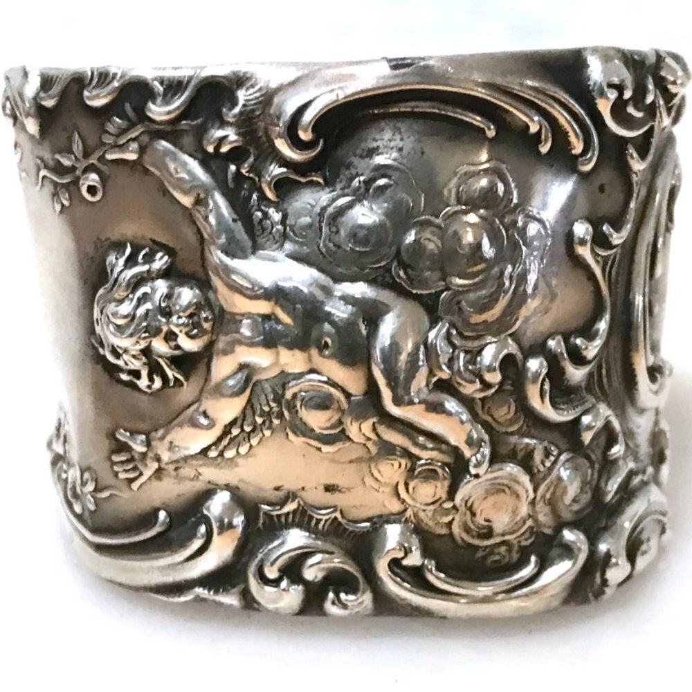 Angel Cherub Sterling Silver 925 Cuff Bracelet Antique Victorian Art Nouveau